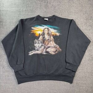 Sunrise Sportswear Wolf Graphic Sweatshirt Unisex XL Black Vintage 90s Nature